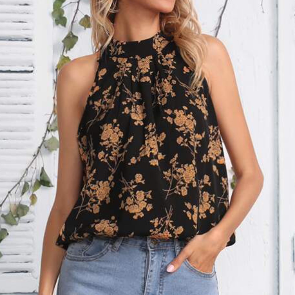 Black Floral Print Halter Top Tank Cottagecore